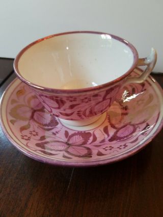 Pink Luster 3 Leaf Floral Porcelain Creamware Pearlware Soft Paste Cup & Saucer