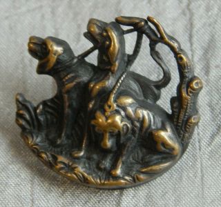 Antique 3 - D Brass Button Hunting Dogs Tied To Tree Branch 534 - A