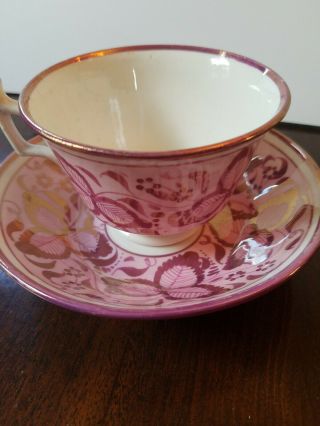 Pink Luster 3 Leaves Floral Porcelain Pearl Creamware Soft Paste Cup & Saucer