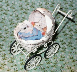Vintage Caco Baby Doll Dollhouse Miniature 1:12 West Germany Baby In Stroller