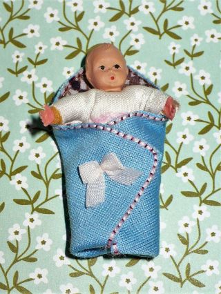 Vintage CACO Baby Doll Dollhouse Miniature 1:12 West Germany Baby In Stroller 3