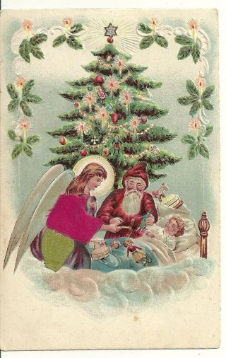 Antique Christmas Postcard Santa Claus W/ Angel And Small Child