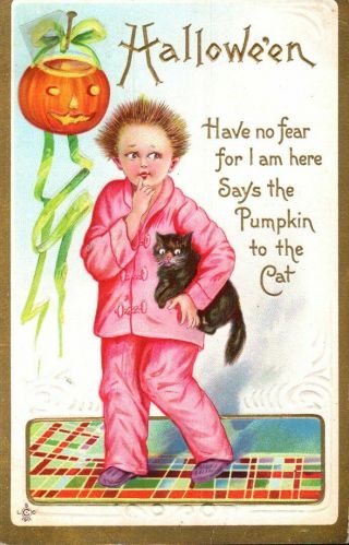 Antique Halloween Postcard Scared Girl In Pajamas " Have No Fear " Scary