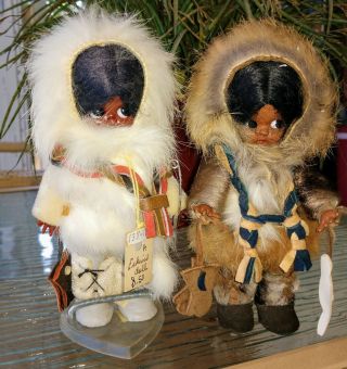 2 Vintage Eskimo Dolls In Real Fur & Leather Googly Eyes Native Alaskan Detailed