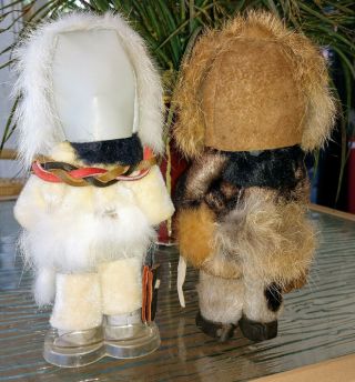 2 Vintage Eskimo Dolls In Real Fur & Leather Googly Eyes Native Alaskan Detailed 2