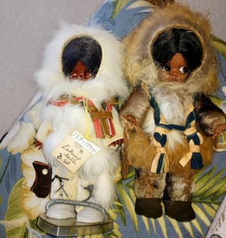2 Vintage Eskimo Dolls In Real Fur & Leather Googly Eyes Native Alaskan Detailed 3