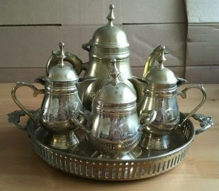 Vintage Saudi Arabia Brass 4 Piece Tea Set With Tray - Arabic