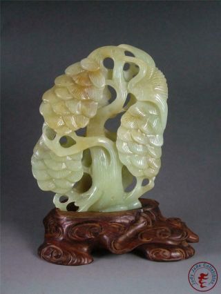 Fine Old Chinese Celadon Nephrite Jade Statue Old Pine Tree W/ Wooden Stand