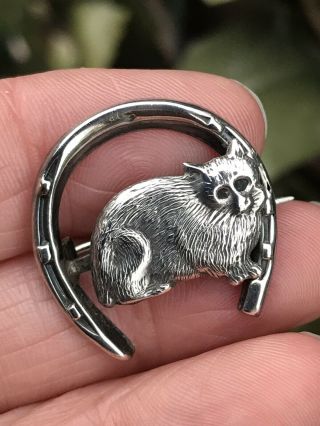 Antique Victorian/edwardian Sterling Silver Lucky Horseshoe /cat Brooch/pin
