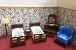 Renwal Stenciled Bedroom Set Vintage Dollhouse Furniture 3/4” 1:16 Ideal Plasco