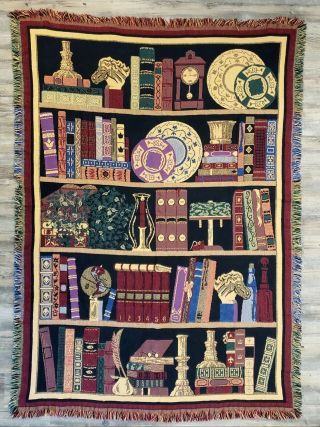 Goodwin Weavers Vintage Fringed Tapestry Throw Blanket 66 " X 46 " Bookshelf Scene