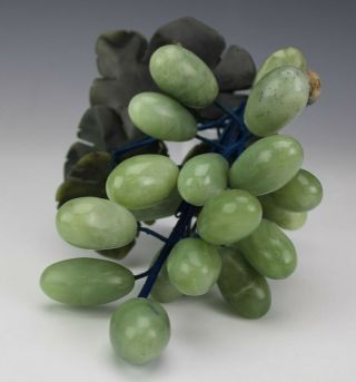 Chinese Export Hand Carved Green Spinach Jade Grape Cluster & Leaf Sculpture Mfl