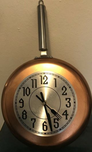 Antique Copper Frying Pan Wall Clock - Vintage Pan Clock - Fork & Knife Hands