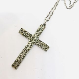 Antique Art Deco Sterling Silver And Marcasite Cross Necklace