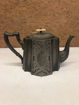 Antique Early English Pewter Teapot With Engraved Decoration