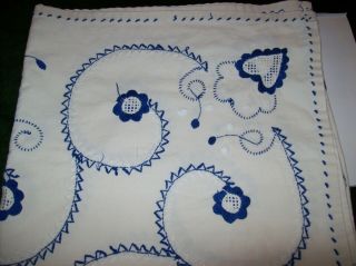 Vintage C.  1930 French Crewel Work Tablecloth - Beige - Blue - Shabby Chic