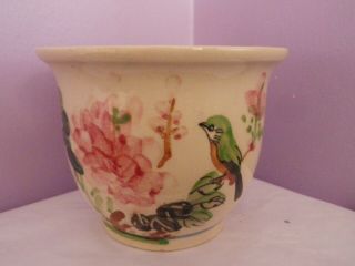 Fab Vintage Chinese Pottery Hand - Painted Flowers & Bird Des Plant Pot 14 Cms Dia