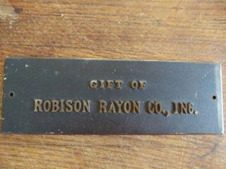 Heavy Solid Brass Wall Plaque Memorial Hospital Of Ri Robison Rayon Co Pawtucket