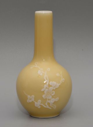 Chinese Monochrome Yellow Pate Sur Pate C1950s Porcelain Prunus Vase Reign Marke
