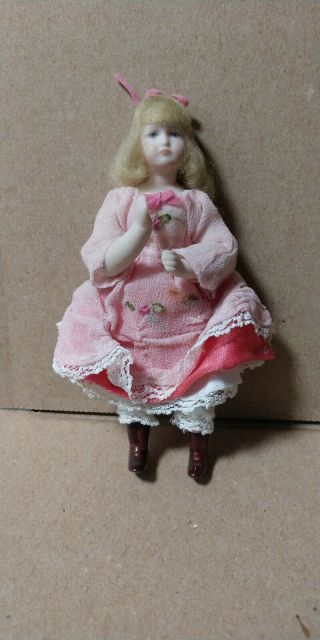 Vintage Antique German Porcelain Bisque Dollhouse Doll Pink Dress Miniature