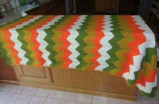 Vtg Afghan Crochet Blanket Chevron Zig Zag Fall Gold Orange Green White 70s