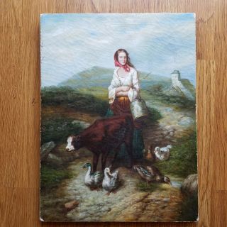 Antique Oil Painting On Canvas Of Woman Cow Ducks Landscape