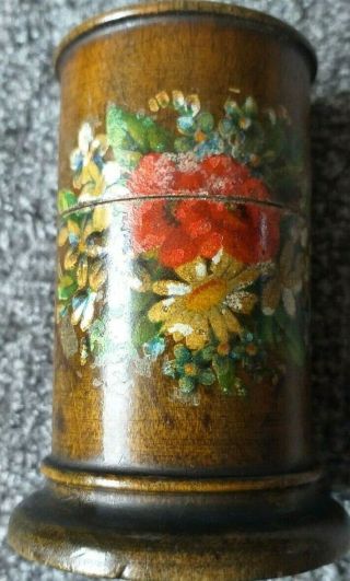 Vintage Antique Wooden Mauchline Ware Lidded Pot Flora Treen Powder Pot Or Needl