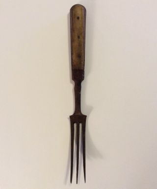 Antique Civil War Era Bone Handled Dinner Fork Iron 1840s - 1870s 3 Tines