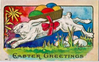 Colorful Bunny Rabbit With Basket Of Colored Eggs Antique Easter Postcard - C54