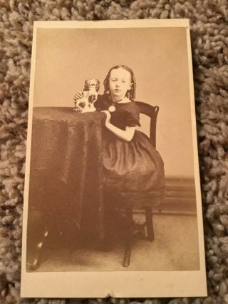 Antique Photo Cdv Young Girl With Ceramic Dog