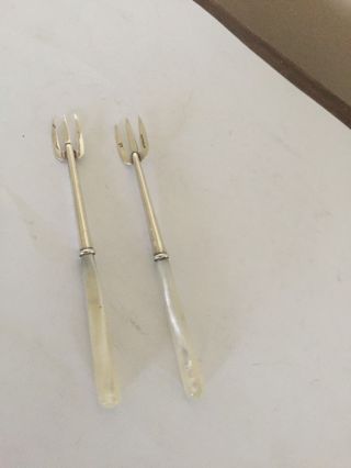 Two Lovely Solid Silver And Mother Of Pickle Forks