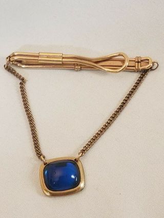 Vintage Gold Tone Signed Correct Quality Tie Clip Blue Glass