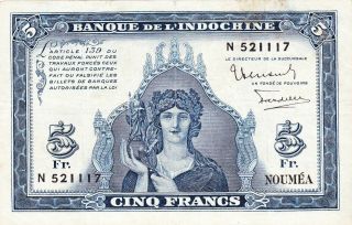 5 Francs Fine Banknote From French Caledonia/noumea 1945 Pick - 5 Rare