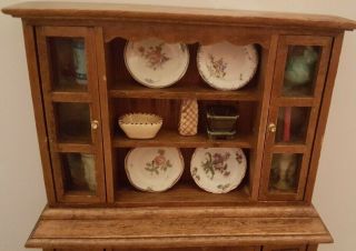 Dollhouse miniature vintage wood hutch with,  1:12 2