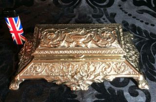 Very Ornate Large Antique Art Nouveau Solid Brass Desk Top Stamp Or Trinket Box