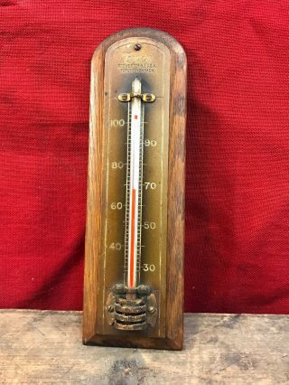 Antique Wooden Tycos Wall Thermometer Rochester Ny Toronto Canada Oak Wood Back