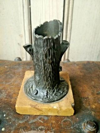 Antique Bronze Figural Tree Trunk Brush Pen Pot Vase Chinese Japan Marble Base