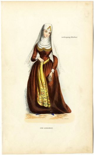 C 1850,  Antique Wood Engraving In Contemp.  Coloring,  A Georgian Lady
