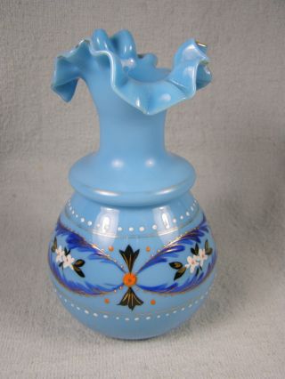Antique Blue Opaque Glass Hand Painted Floral Decorated Ruffled Vase