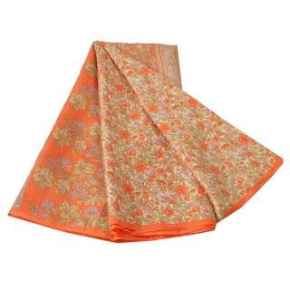 Sanskriti Vintage Orange Saree Pure Silk Printed Sari Craft Decor Soft Fabric 2