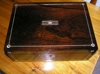 Antique Victorian Rosewood Jewellery/trinket Box With Mop & Pewter Stringing