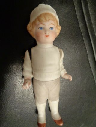 Antique All - Bisque German Dollhouse Boy Doll With Molded Clothes,  Wooden Sled