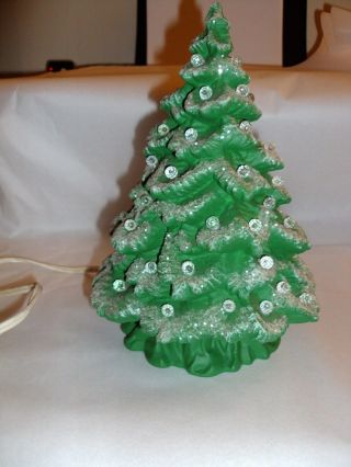 Vtg.  Antique Green Ceramic 8 " Xmas Tree With Sparkles Snowtipped White Lights