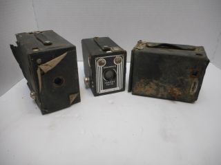 Three Antique Kodak Brownie Box Camera In Very Rough