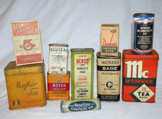 10pc Antique/vtg Spice Tins/cans/boxes - Watkins Mccormick Herco Astor Durkee Etc.