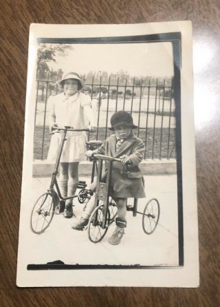 Vintage Postcard Rppc - Little Girl Boy On Antique Bicycle Tricycle