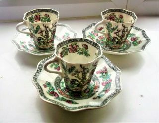 Three Antique Coalport Porcelain England Indian Tree Demitasse Cups And Saucers
