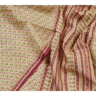 Sanskriti Vintage Cream Saree Pure Silk Printed Sari Craft Decor Soft Fabric