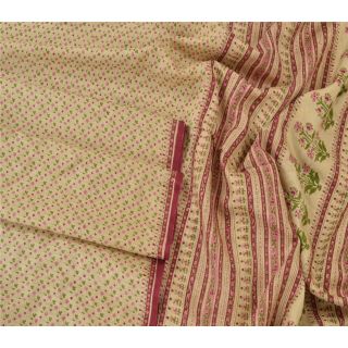 Sanskriti Vintage Cream Saree Pure Silk Printed Sari Craft Decor Soft Fabric 2