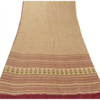 Sanskriti Vintage Cream Saree Pure Silk Printed Sari Craft Decor Soft Fabric 3